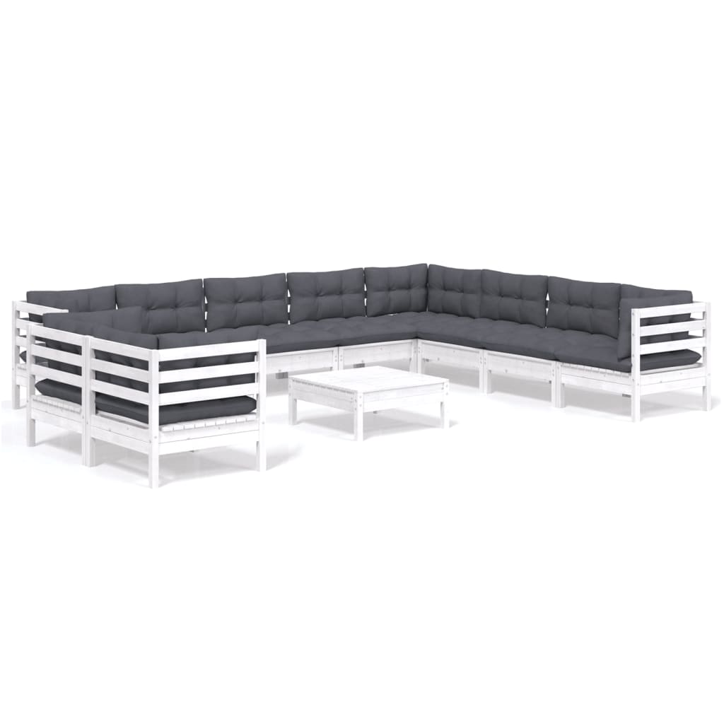 11-tlg. Garten-Lounge-Set mit Kissen Weiss Massivholz Kiefer